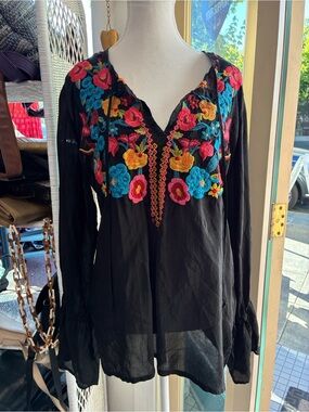 Johnny Was‎ Black Embroidered Floral Peasant Top Bright Multicolor Yoke Medium
